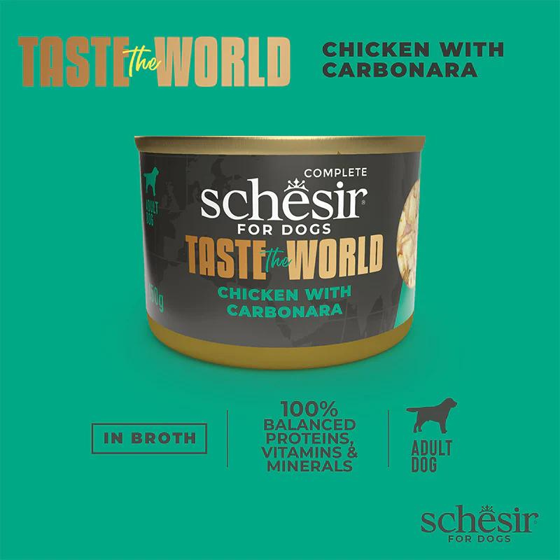 Schesir Taste The World Chicken with Carbonara Dog Food | Italian Recipe | Complete | Adult Dog | 8x150g