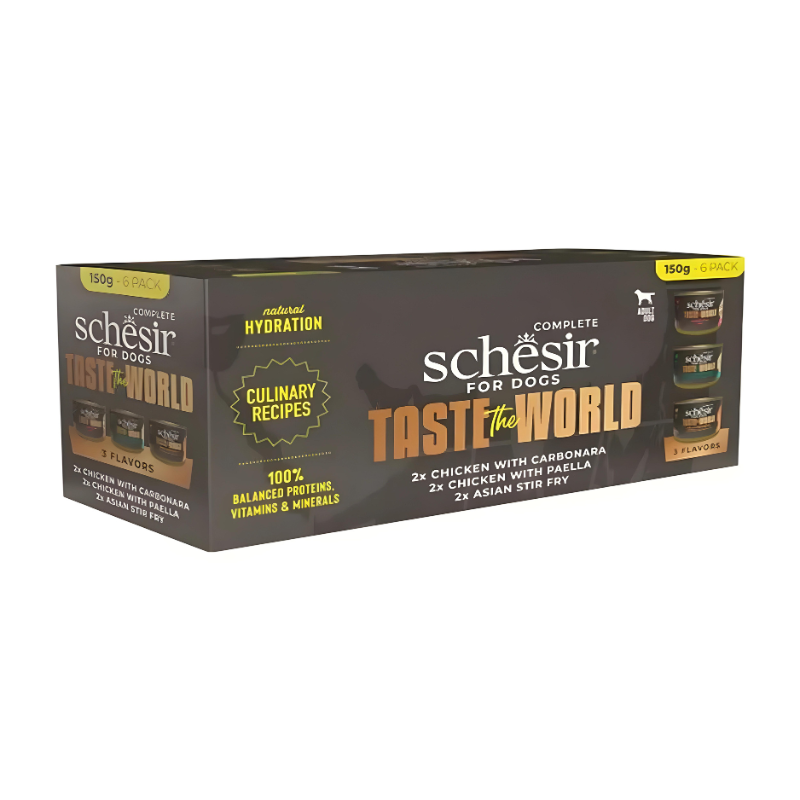 Schesir Taste The World Variety Pack | 3 Flavors | Complete Dog Food | Chicken Carbonara, Asian Stir Fry & Paella | 6x150g