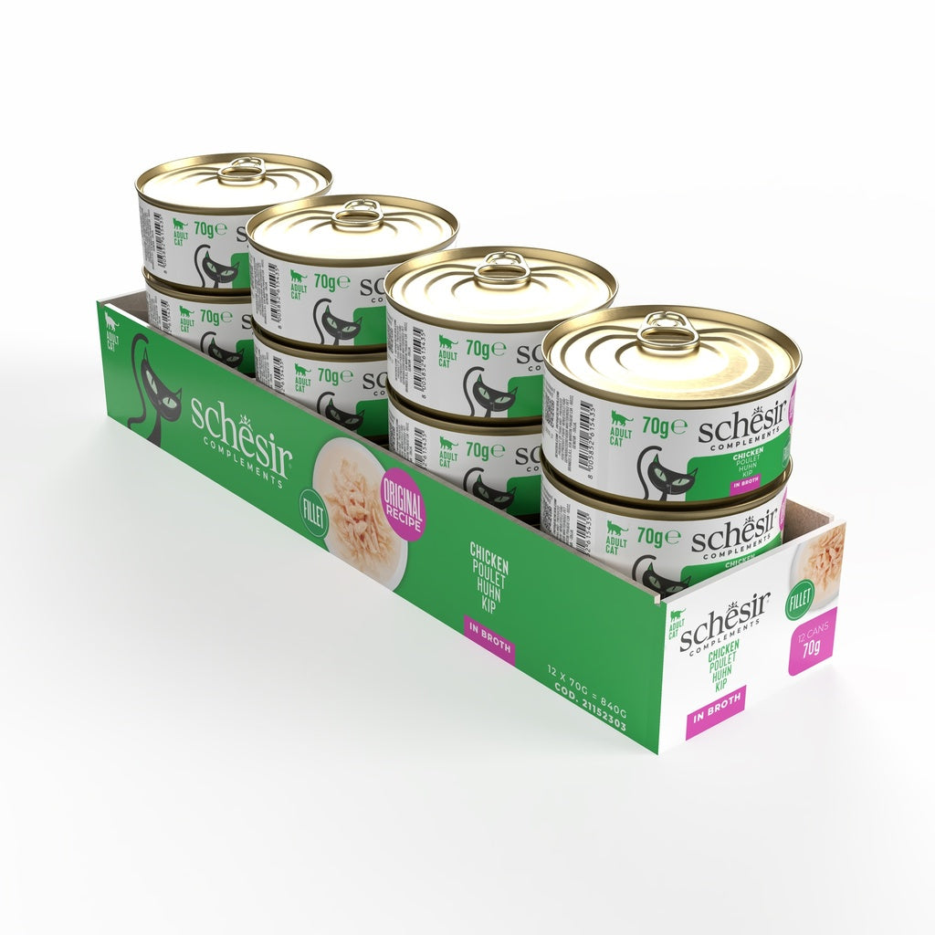 Schesir Complements Chicken in Broth | 100% Natural Fillets | Original Recipe | Complementary Cat Food | 12x70g