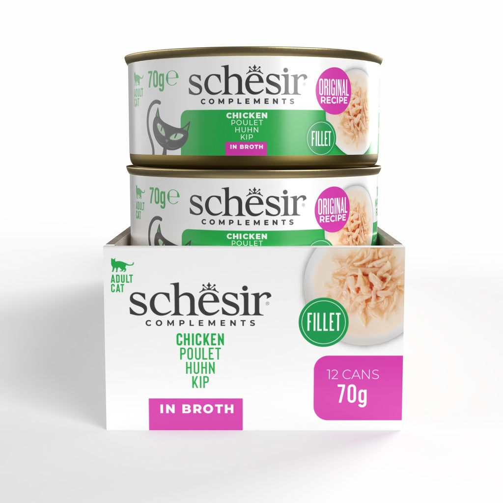 Schesir Complements Chicken in Broth | 100% Natural Fillets | Original Recipe | Complementary Cat Food | 12x70g