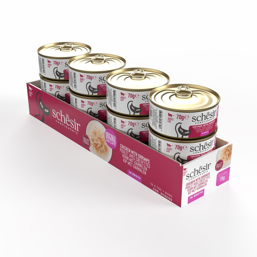 Schesir Complements Chicken with Shrimp in Broth | 100% Natural Fillets | Original Recipe | Complementary Cat Food | 12x70g