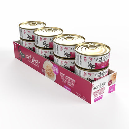 Schesir Complements Chicken with Shrimp in Broth | 100% Natural Fillets | Original Recipe | Complementary Cat Food | 12x70g