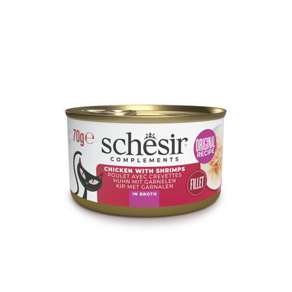 Schesir Complements Chicken with Shrimp in Broth | 100% Natural Fillets | Original Recipe | Complementary Cat Food | 12x70g