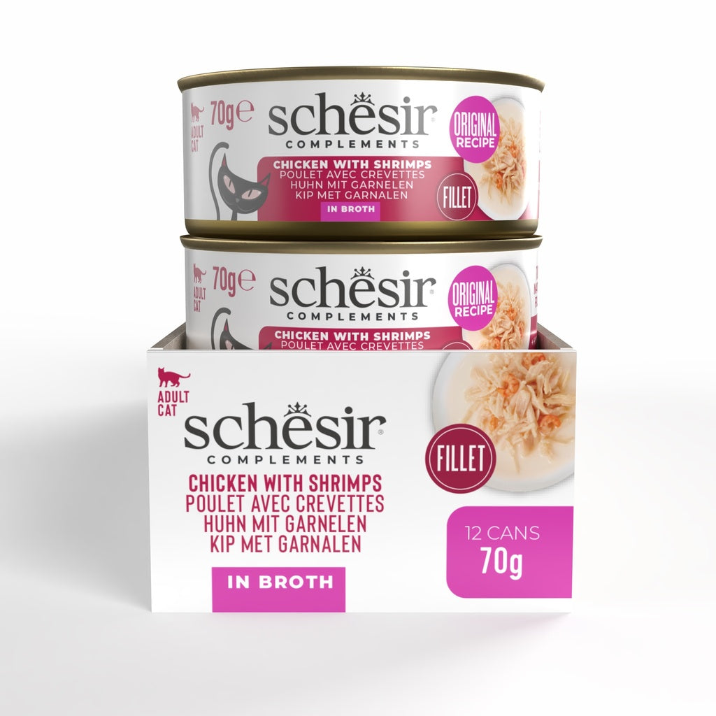 Schesir Complements Chicken with Shrimp in Broth | 100% Natural Fillets | Original Recipe | Complementary Cat Food | 12x70g