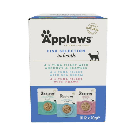 Applaws Fish Selection in Broth Natural Cat Food | Tuna with Anchovy, Sea Bream & Prawn | 12 x 70g Pouch Pack