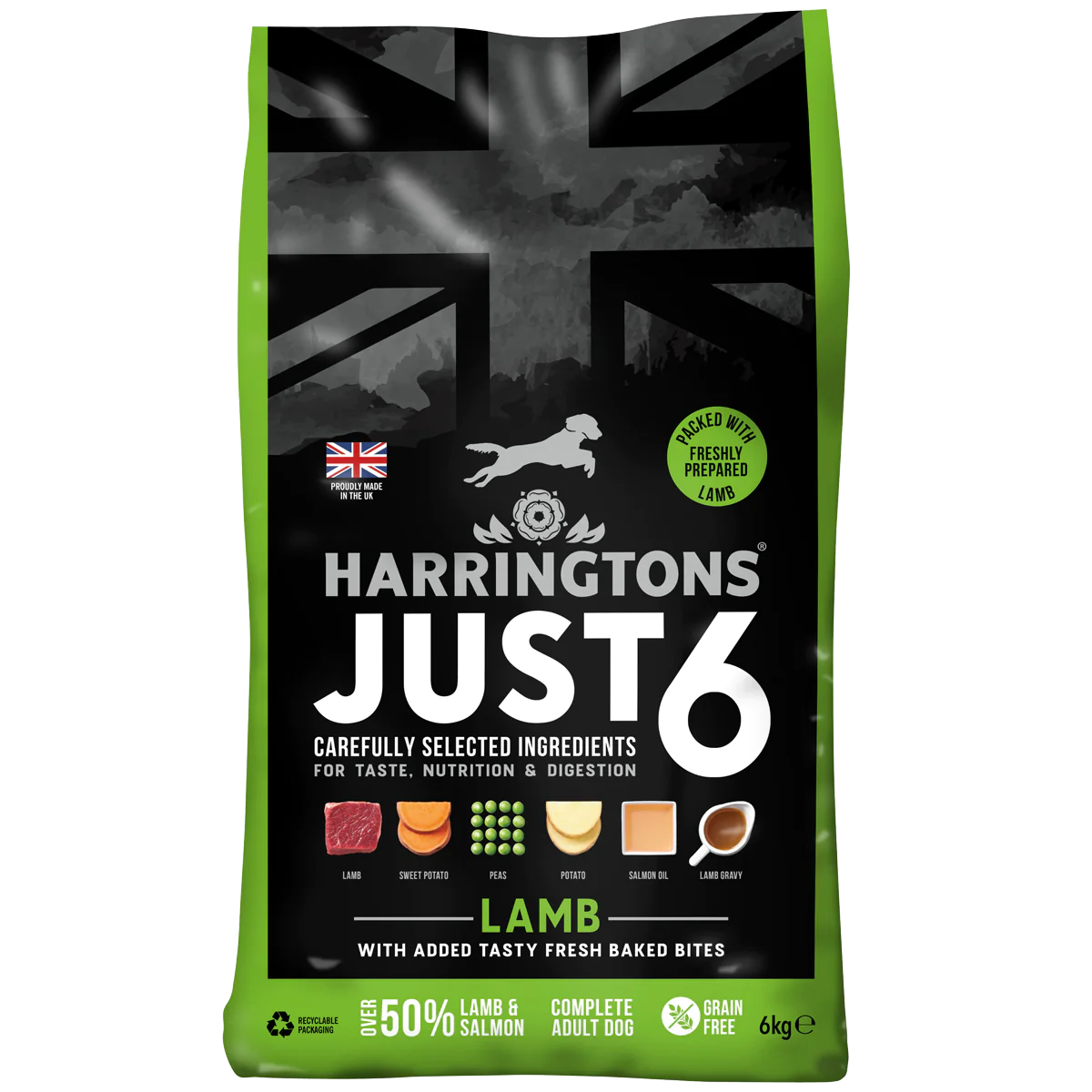 Harringtons Just 6 Lamb Grain Free Dry Dog Food | 50% Lamb & Salmon | 6 Ingredients | Fresh Baked Bites | Resealable | 2kg-12kg