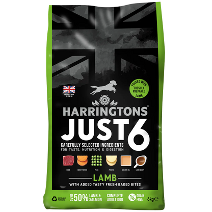 Harringtons Just 6 Lamb Grain Free Dry Dog Food | 50% Lamb & Salmon | 6 Ingredients | Fresh Baked Bites | Resealable | 2kg-12kg