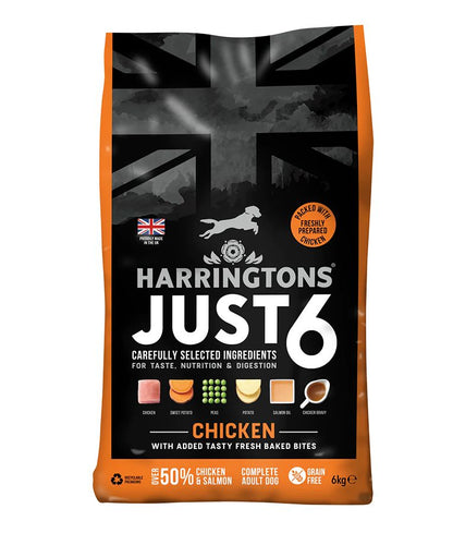 Harringtons Just 6 Chicken Grain Free Dry Dog Food | 50% Chicken & Salmon | 6 Ingredients | Fresh Baked Bites | Resealable | 2kg-12kg