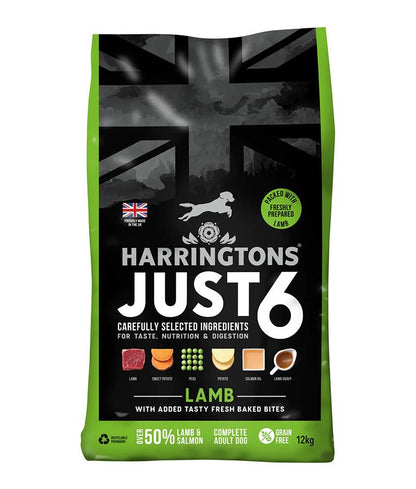 Harringtons Just 6 Lamb Grain Free Dry Dog Food | 50% Lamb & Salmon | 6 Ingredients | Fresh Baked Bites | Resealable | 2kg-12kg