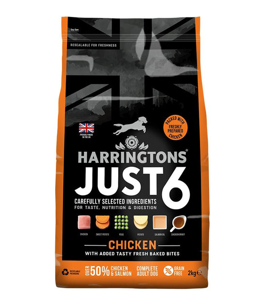 Harringtons Just 6 Chicken Grain Free Dry Dog Food | 50% Chicken & Salmon | 6 Ingredients | Fresh Baked Bites | Resealable | 2kg-12kg