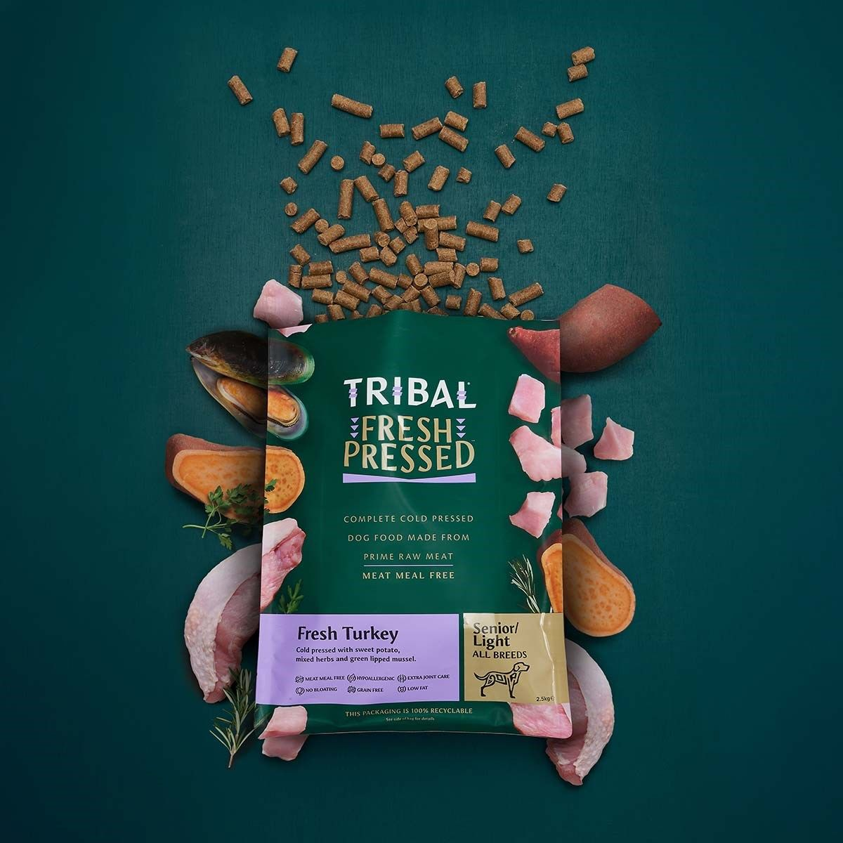 Tribal Fresh Pressed Senior Light Fresh Turkey All Breeds Dry Dog Food | Low-Fat Complete Nutrition for Senior & Weight Management Dogs