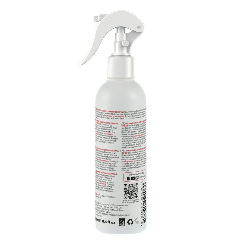 Animology Essentials Papaya & Coconut No Rinse Cat Shampoo Spray 250ml | Waterless Cat Shampoo | Gentle Coat Cleansing & Freshening Spray