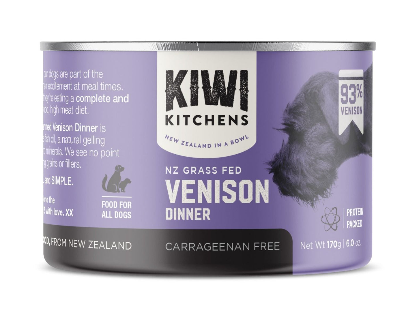 Kiwi Kitchens Grass Fed Venison Dinner Canned Wet Dog Food 170g
