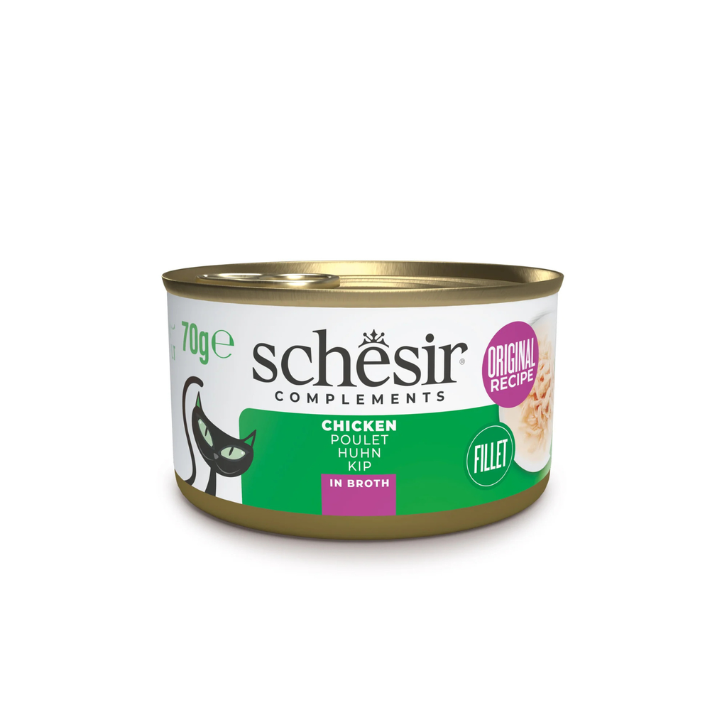 Schesir Complements Chicken in Broth | 100% Natural Fillets | Original Recipe | Complementary Cat Food | 12x70g
