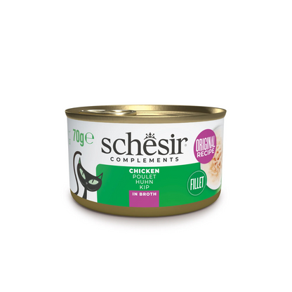 Schesir Complements Chicken in Broth | 100% Natural Fillets | Original Recipe | Complementary Cat Food | 12x70g