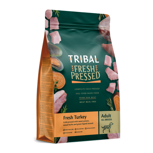 Tribal Fresh Turkey Cold Pressed Dog Food | 70% Turkey | Meat Meal Free | Grain Free | No Bloating | Adult All Breeds | 2.5kg-12kg