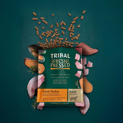 Tribal Fresh Turkey Cold Pressed Dog Food | 70% Turkey | Meat Meal Free | Grain Free | No Bloating | Adult All Breeds | 2.5kg-12kg