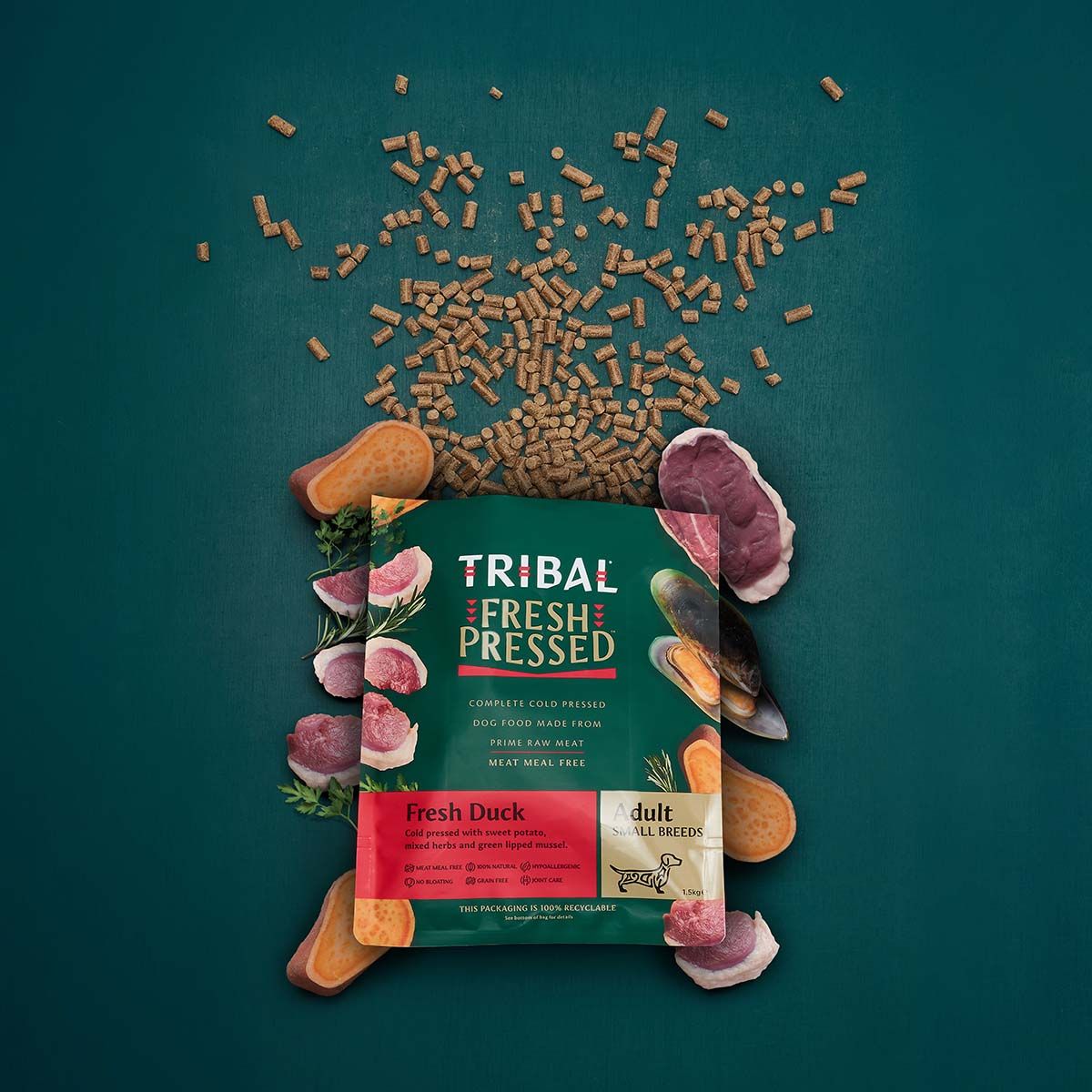 Tribal Fresh Duck Cold Pressed Dog Food | 70% Duck | Meat Meal Free | Grain Free | No Bloating | Adult Small Breeds | 2.5kg-12kg