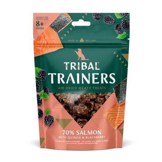 Tribal Trainers Salmon, Quinoa & Blackberry | 70% Salmon | Air Dried Meaty Treats | Puppy 8+ Weeks | Made in Ireland | 70g