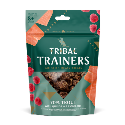 Tribal Trainers Trout, Quinoa & Raspberry | 70% Trout | Air Dried Meaty Treats | Puppy 8+ Weeks | Made in Ireland | 70g